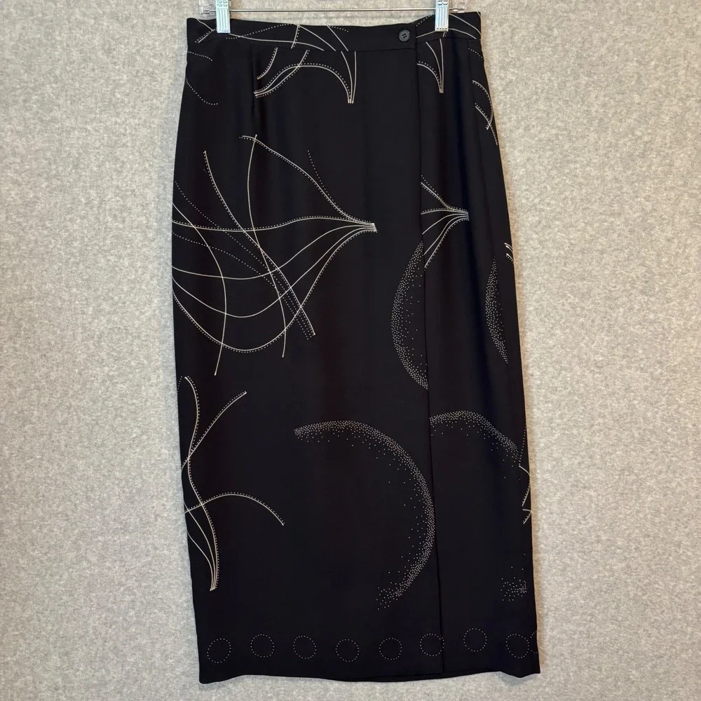 Chaus Women's 12 Maxi Skirt‎ Career Black Abstract Print Faux Wrap Artsy Witchy